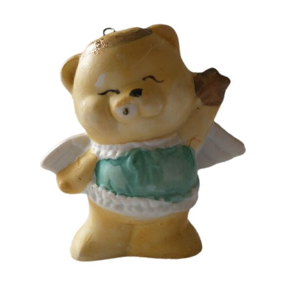 Vintage Ceramic Teddy Bear Ornament Handpainted 1980s Guardian Angel Wings - Picture 3 of 16